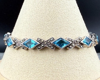 Vintage Sterling Silver Blue Stones Marcasite Link Bracelet 7.25" & safety chain