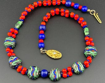 Art Glass Lampwork Bead Necklace Vintage Handmade Gold Plated Clasp Red Blue 17"