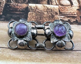 Unique Vintage Sterling Silver Flower Floral Links Amethyst Brooch Pin Mexico 2"