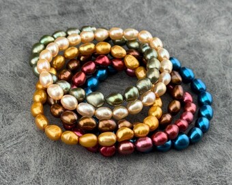Set of Six 6 Cultured Large 0.25" Freshwater Pearls Stretch Bracelets Multicolor