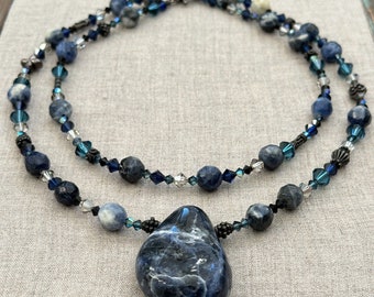 Sodalite Stone Pendant Crystal Beaded Double Strand Sterling Silver Necklace 11"