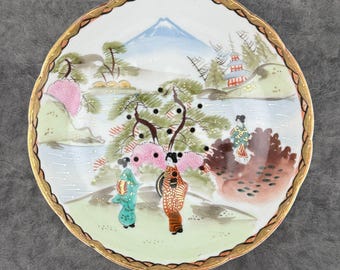 Nippon Japanese Berry Bowl Hand Painted Gilt Ladies Garden Fuji w/ Holes VTG 7"