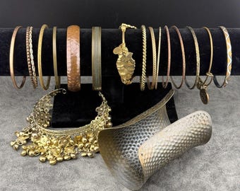 Lot Mix of 18 Brass-Bronze-Gold-Tone Metal Bangles Bracelets Charms Costume B&B
