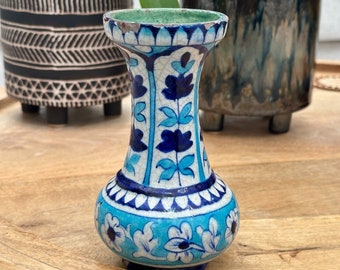 Antique Handmade Hand Painted Glazed Terracotta Vase Iznic Pottery Blue 6.5" H