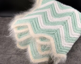 Small Blanket Mint Green White Handmade Crochet Knit Angora Edge Baby 35x27 VTG