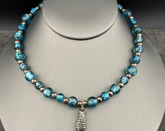 Blue Foiled Art Glass & Sterling Silver Beads Necklace Fish Pendant 16" Handmade