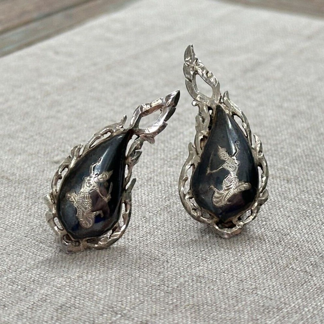 Boucles D'oreilles Clips Vintage En Argent Niellé - Motif éventails Siam, Sterling 925, 35x23mm, Bangkok Sterling