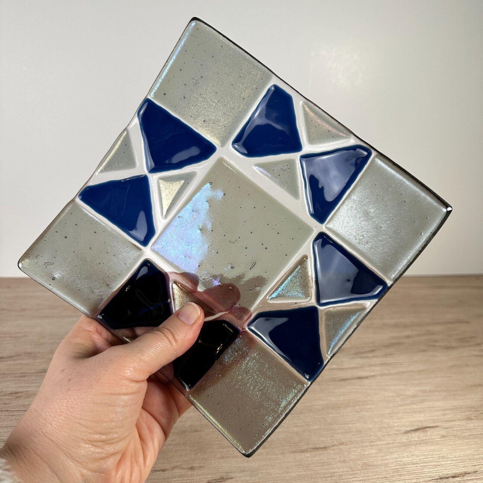 Fused Glass Trinket Dish Square Dichroic Iridescent Sushi Plate Signed 6.25\