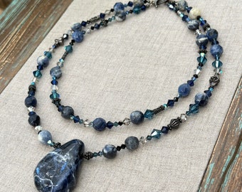 Sodalite Stone Pendant Crystal Beaded Double Strand Sterling Silver Necklace 11"