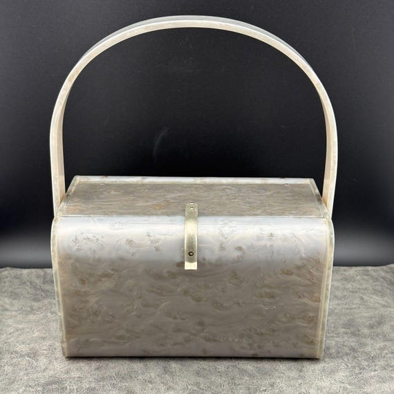 Vintage Wilardy Gray Pearlized Lucite Swirl Box Purse Handbag Mirror 1950s