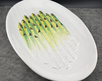 Hand-painted Pottery Oval Asparagus Serving Dish Plate White Green 13" Italy
