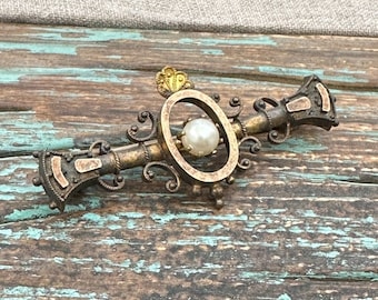 Antique Victorian Gold Filled Pearl Brooch Pin Ornate Etruscan Revival 2.25"