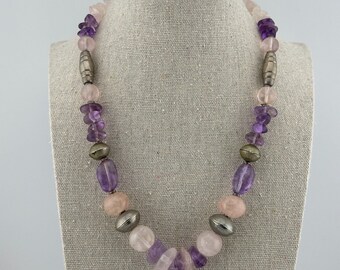 Vintage Amethyst Quartz & Silver Tone Beads Necklace Purple White Pale Rose 17"