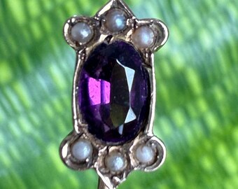 Antique 18k Gold Seed Pearl Purple Garnet Stick Pin 2.5" OOAK ~ READ
