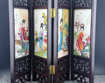 Vintage 2-Sided Hand Painted Marble Articles 4-panel Table Screen China Flowers