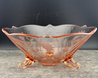 8.25 Footed Lancaster Jubilee Pink Depression Glass Floral Etched Bowl 1930s VTG