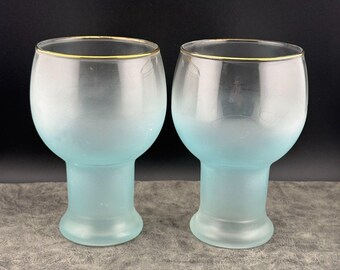 TWO (2) Vintage Federal Glass Company Frosted Blue Tumblers Cups Gold Rim 5.5"H