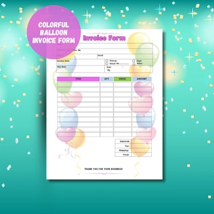 Formulario de factura con globo, recibo con globo, espacio para etiqueta o sello con el logotipo de la empresa, incluye tamaños de 8,5" x 11" y A4 en formatos PDF y JPG