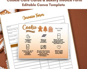 Può includere: Un documento bianco con il testo "Invoice Form" e "Cookie Care Guide" viene visualizzato. Il documento include una sezione per un logo e istruzioni per la cura dei biscotti, come linee guida per la conservazione e il congelamento.