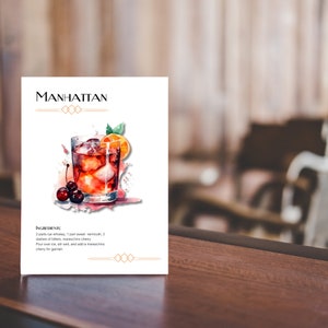 Ricetta Manhattan stampabile, cartello cocktail acquerello, arte Manhattan per drink esclusivi, arte murale Art Déco, cartello per bevande da festa, cartello per carrello bar
