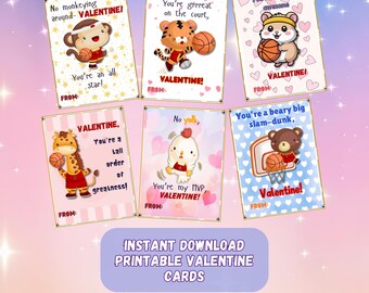 Basketball Valentine Cards: Classroom Exchange, Sports Theme, Cute Animal Theme, JPG and PDF Formats Included, Printable Digital Download