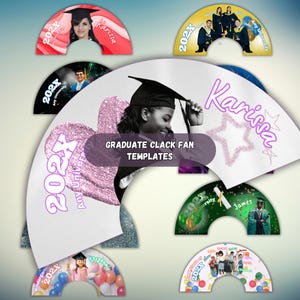 Könnte beinhalten: Eine Sammlung von Abschlussfeier-Fächer-Vorlagen. Jeder Fächer zeigt ein Foto, das Jahr "202X" und personalisierten Text. Designs beinhalten Fotos von Absolventen, Namen und Universitätsdetails. Die Fächer sind in verschiedenen Farben.