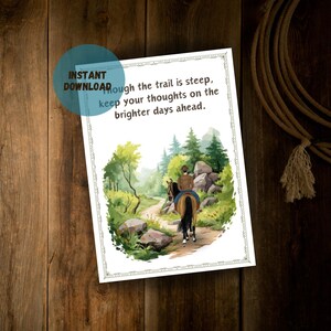 Cartão motivacional - Cowboy on Trail com citação encorajadora, cartão de melhoras, recuperação de cirurgia, cartão inspirador, 5" x 7", PDF e JPG
