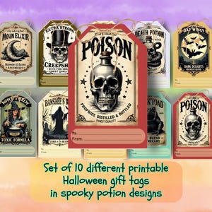 Etiquetas imprimibles de poción espeluznante de Halloween: diseños de golosinas de 5 x 7,5 cm (PDF y JPG)