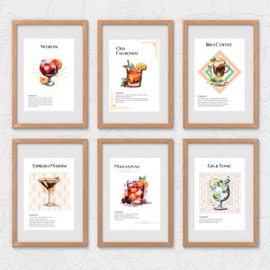 Set von 6 Klassische druckbare Cocktail Wandkunst, Art Deco Motiv, Barwagen Drucke, Manhattan, Espresso Martini, altmodisch und mehr!