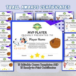 Könnte beinhalten: Ein Satz von 15 druckbaren T-Ball-Auszeichnung-Zertifikaten mit farbenfrohen Designs und Cartoon-Baseballspielern. Die Zertifikate sind editierbar und druckfertig. Der Text auf den Zertifikaten lautet "T-Ball Awards Certificates", "Printable Instant Download", "Team Name T-ball 2025", "MVP Player Proudly Presented To Player Name", "Recognizing the player who showed outstanding performance and effort throughout the season", "Coach", und "15 Editable Canva Templates AND 15 Ready-to-Print Certificates".
