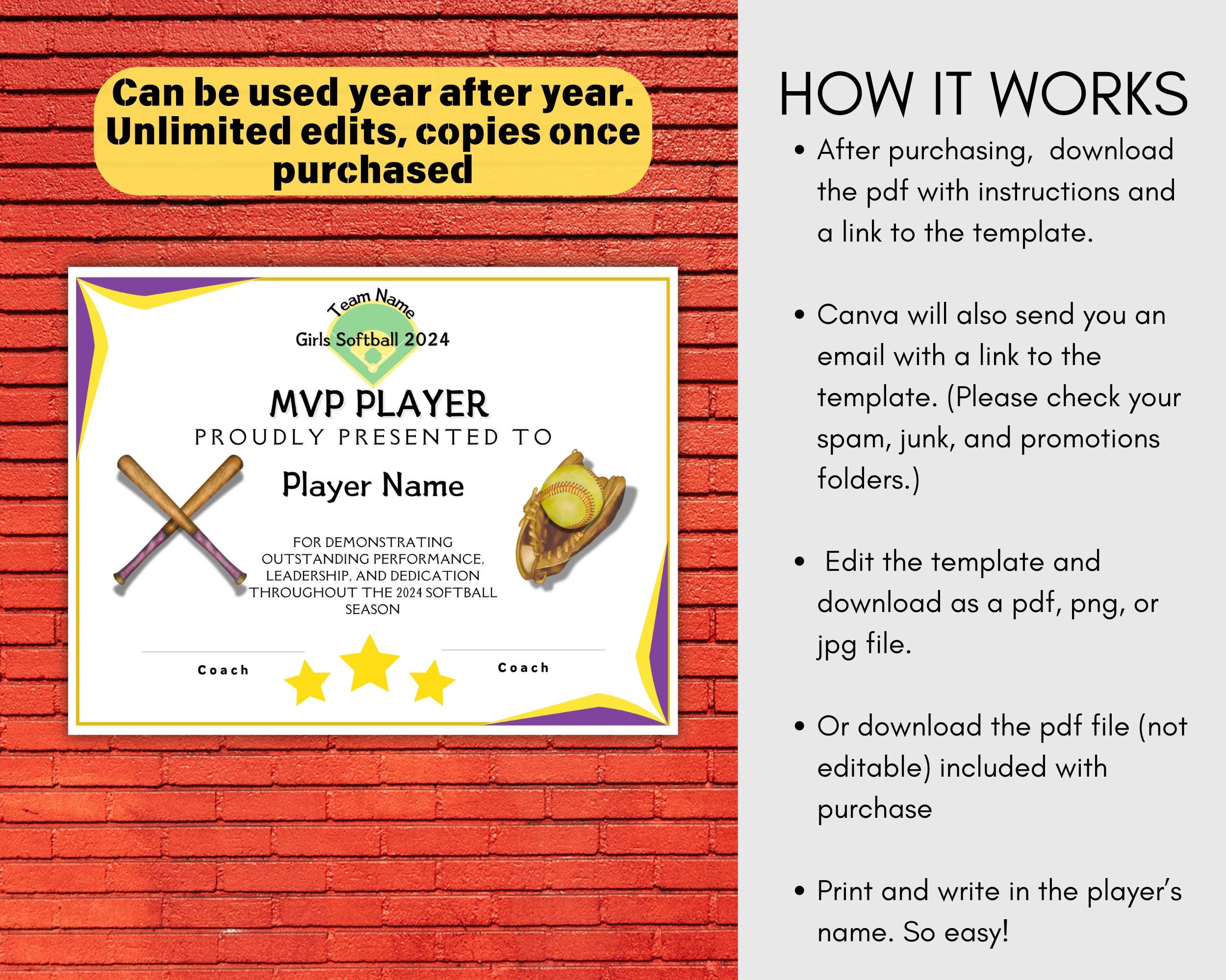 Softball Award Certificates Editable & Non-editable, Perfect for Team ...