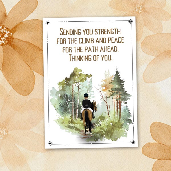 Tarjeta de felicitación con jinete inglés y caballo, Pensando en ti, Tarjeta de condolencias imprimible para amantes de los caballos, Ánimo, Fuerza y Paz, Tarjeta de 5x7 pulgadas