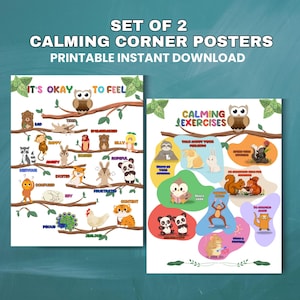 Calming Corner It&#39;s Okay to Feel and Calming Exercises Posters, Feelings Wall Art, Cute Animal Theme, Emotions Print, Playroom Print