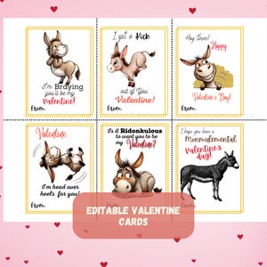 Bearbeitbare Esel Valentine Printables, Mule Valentines, lustige Valentines, entzückende Kinderkarten, Karten für den Valentinstag im Klassenzimmer
