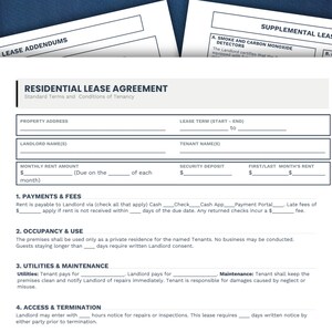 May include: A Residential Lease Agreement form with sections for property address, lease terms, and tenant information. Includes sections for payments, occupancy, utilities, and access. Supplemental lease documents are visible in the background.
