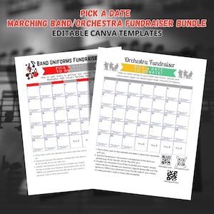 May include: Two printable calendar fundraising templates for a marching band or orchestra. The templates feature a calendar with dates and boxes to write in donation amounts. The text on the templates reads "Pick a Date to Donate!" and includes instructions for the fundraiser.