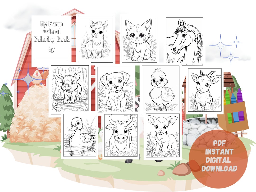 Fun Printable Farm Animal Themed Coloring Book. Perfect for Kids