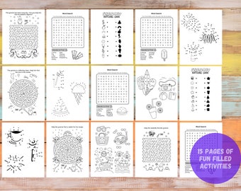 Sommer-Kinder-Aktivitätspaket: Labyrinthe, Wortsuche, Färbung (PDF zum Herunterladen, druckbares Paket, 15 Seiten)