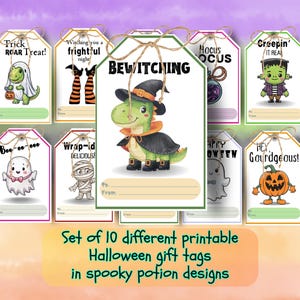 Puede incluir: Un conjunto de diez etiquetas de regalo imprimibles de Halloween con diseños espeluznantes. Cada etiqueta presenta un personaje de dibujos animados diferente, como un dinosaurio con sombrero de bruja, un fantasma y una calabaza. Las etiquetas tienen espacio para "Para" y "De".