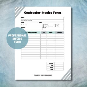 Può includere: Un modulo di fattura per appaltatori bianco con una grafica circolare blu che recita "PROFESSIONAL INVOICE FORM". Il modulo include campi per nome, indirizzo, telefono, data della fattura e una sezione per gli addebiti dettagliati. Il testo "THANK YOU FOR YOUR BUSINESS!" è in basso.