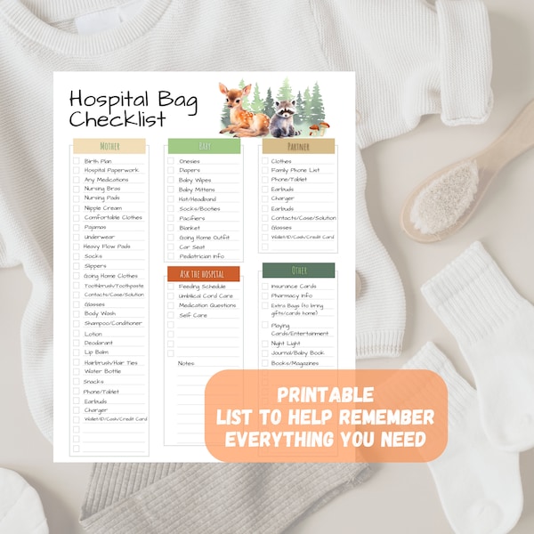 Hospital Checklist, Hospital Bag, New Mom, Newborn, Checklist, Printable Download