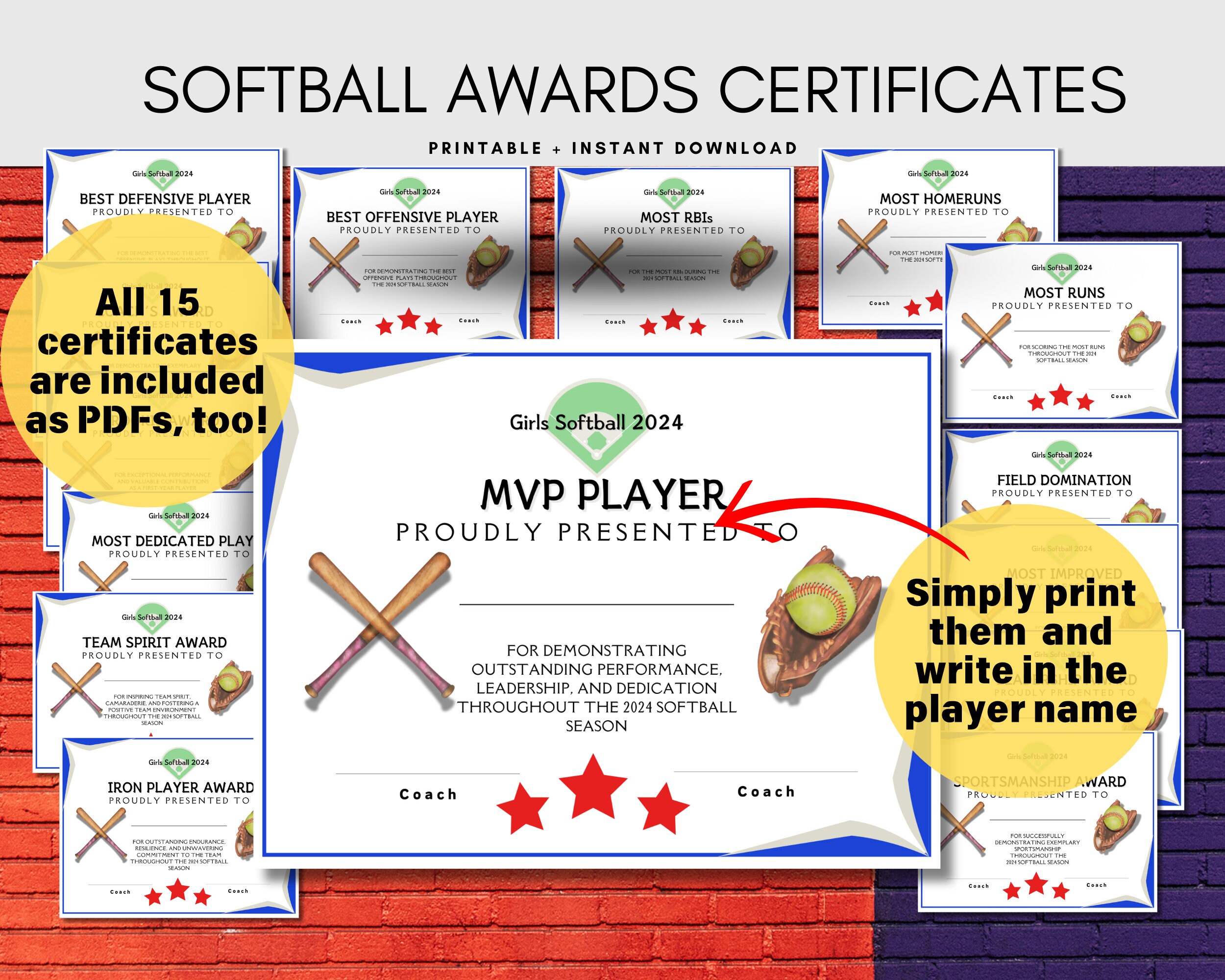 Editable Softball Award Certificates AND Ready to Print non editable Editable Softball Award Certificates AND Ready to Print non editable