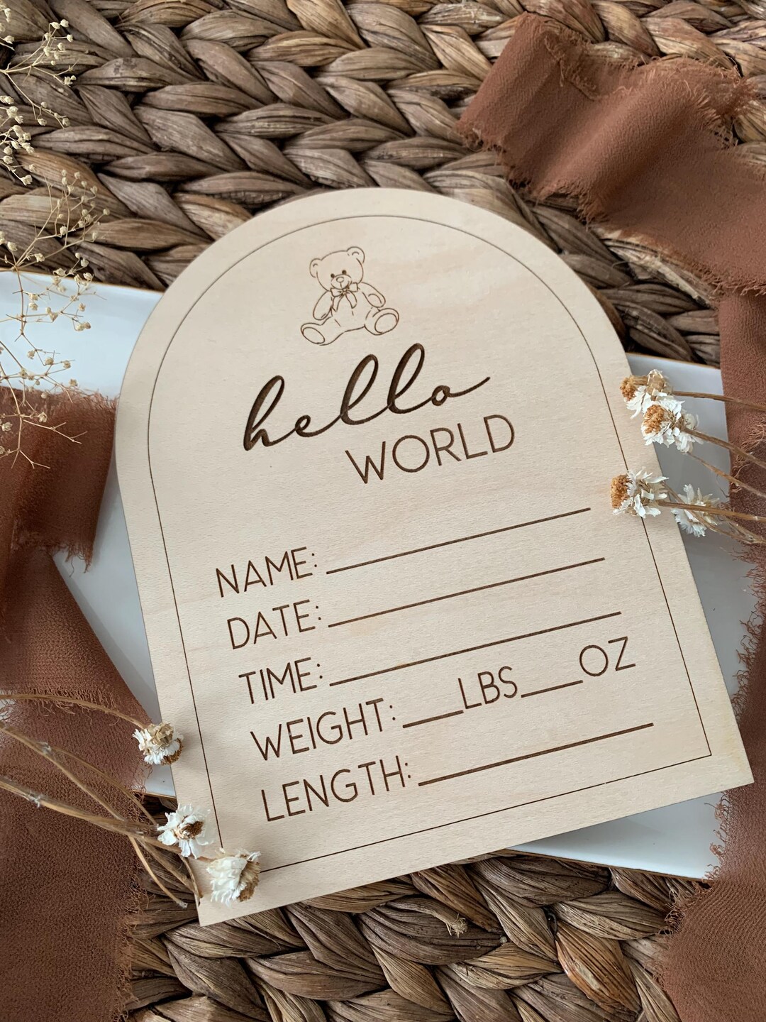 Helloworld Stat Sign Hello World Baby Stat Sign, Teddy Bear Themed Arched Plaque Keepsake ...