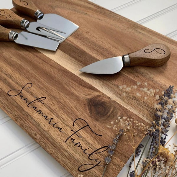 Personalized acacia wood cutting board and cheese knives set