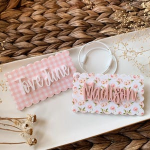 Personalized scalloped backpack name tag, kids keychains, acrylic school keychain, diaper bag tag, pattern tags