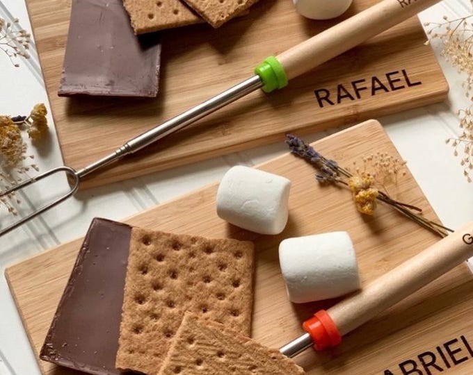 Kids smores set, personalized wood tray and roasting stick
