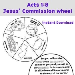 以下が含まれることがあります： 家の絵、学校の絵、州の絵、国の絵、そして地球の果ての絵など、福音を伝えるためのさまざまな場所を表すセクションを持つ車輪の白黒の印刷可能な塗り絵ページ。ページには「使徒行伝 1:8」というテキストが含まれています。ページには、「しかし、聖霊があなた方に臨むとき、あなたは力を受け、そしてあなたはエルサレムとユダヤ全土とサマリアと地の果てまで、わたしの証人となるでしょう。」というテキストも含まれています。