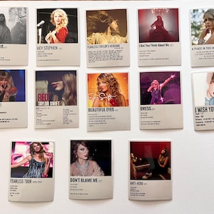 May include: A collection of 12 minimalist album covers featuring Taylor Swift. Each cover features a different album title and a photo of Taylor Swift. The album titles include "Tolerate It", "Hey Stephen", "Fearless (Taylor's Version)", "I Bet You Think About Me", "A Place In This World", "Taylor Swift", "Red", "Beautiful Eyes", "Dress", "I Wish You Would", "Fearless Tour 2009-2010", "Don't Blame Me", and "Anti-Hero".