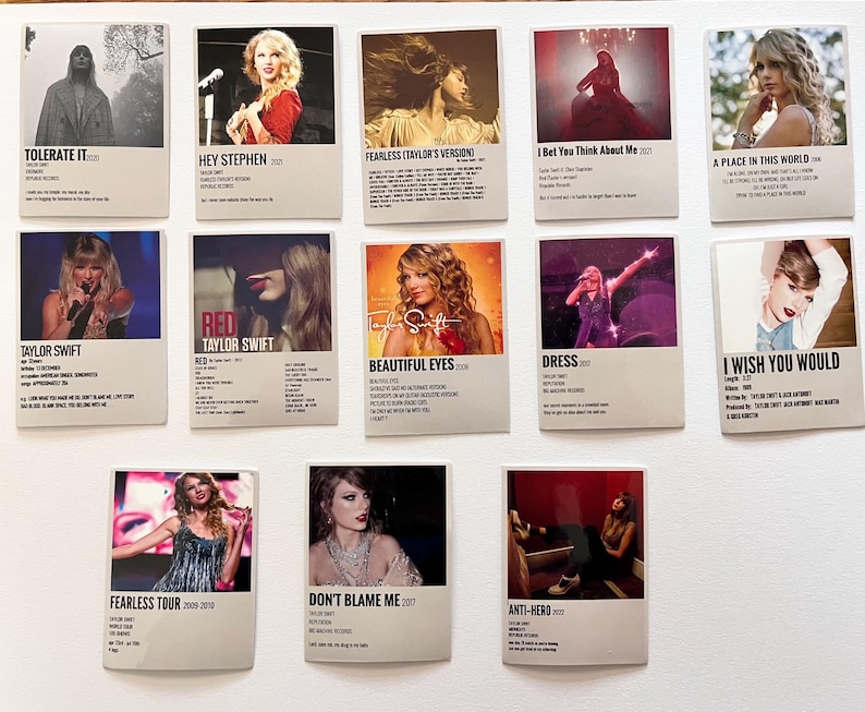May include: A collection of 12 minimalist album covers featuring Taylor Swift. Each cover features a different album title and a photo of Taylor Swift. The album titles include "Tolerate It", "Hey Stephen", "Fearless (Taylor's Version)", "I Bet You Think About Me", "A Place In This World", "Taylor Swift", "Red", "Beautiful Eyes", "Dress", "I Wish You Would", "Fearless Tour 2009-2010", "Don't Blame Me", and "Anti-Hero".