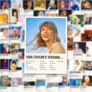 May include: A retro-style poster with a photo of Taylor Swift on a beach. The poster is titled "1989 (Taylor's Version) 2020" and lists the songs on the album: "Welcome to New York", "Blank Space", "Style", "Out of the Woods", "All You Had to Do Was Stay", "Shake It Off", "I Wish You Would", "Bad Blood", "Wildest Dreams", "How You Get the Girl", "This Love", "I Know Places", "Clean", "Wonderland", "You Are in Love", "New Romantics".